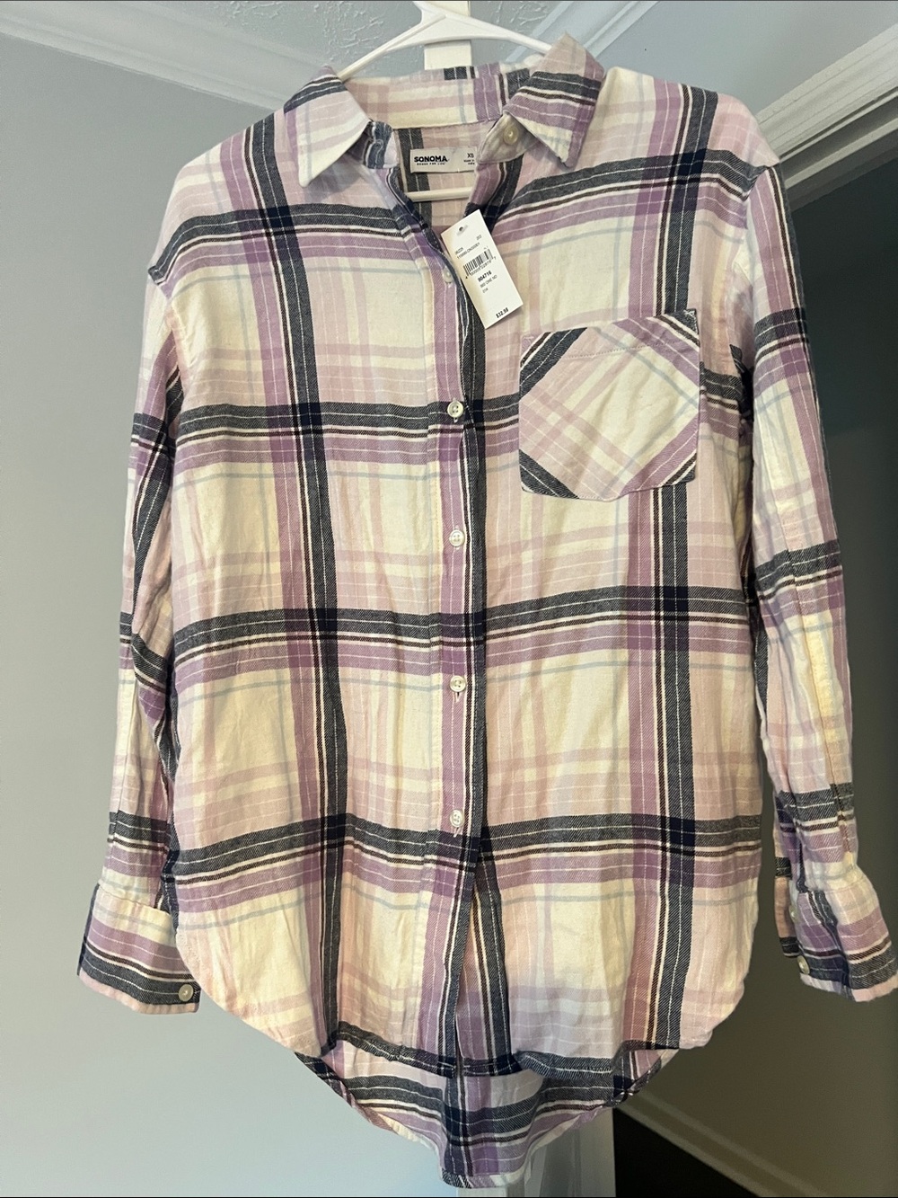 Sonoma Lavender and Cream Plaid Button-Down Shirt
